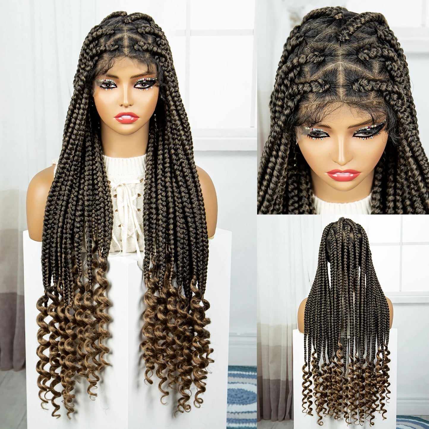 Synthetic Full Lace Braided Wigs Lace Front Knotless Box Braided Wigs with Wave Ends for Black Women Crochet Braided Lace Wigs