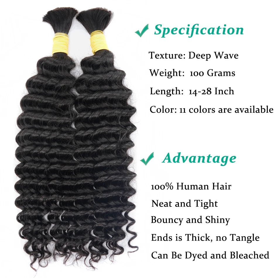 LOVEVOL Braiding Hair Brazilian Deep Wave Bulk Human Hair No Weft Bundle 100g/Pack Virgin Curly  Bulk Hair Extension For Women