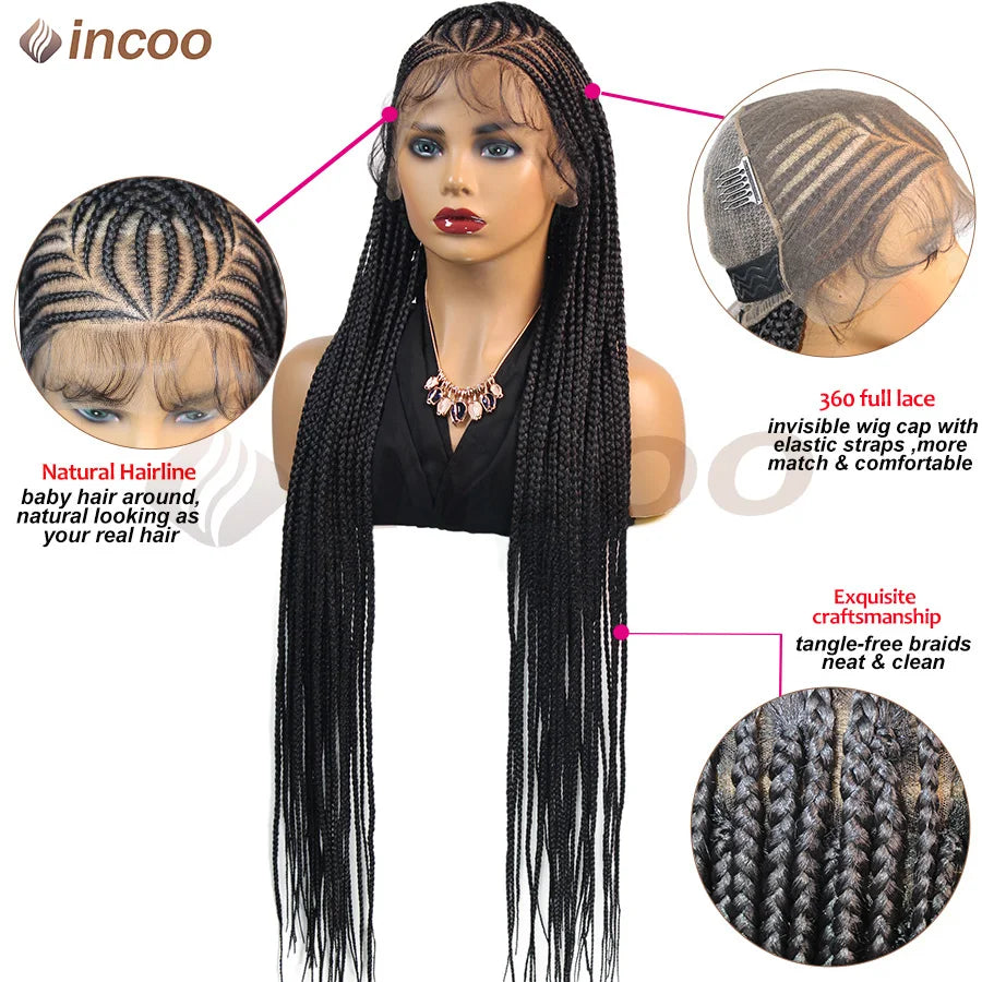 36Inch Handmade Synthetic Cornrow Braided Wigs Full Lace Fulani Braids Wig Goddess Knotless Box Braided Lace Wig For Black Women