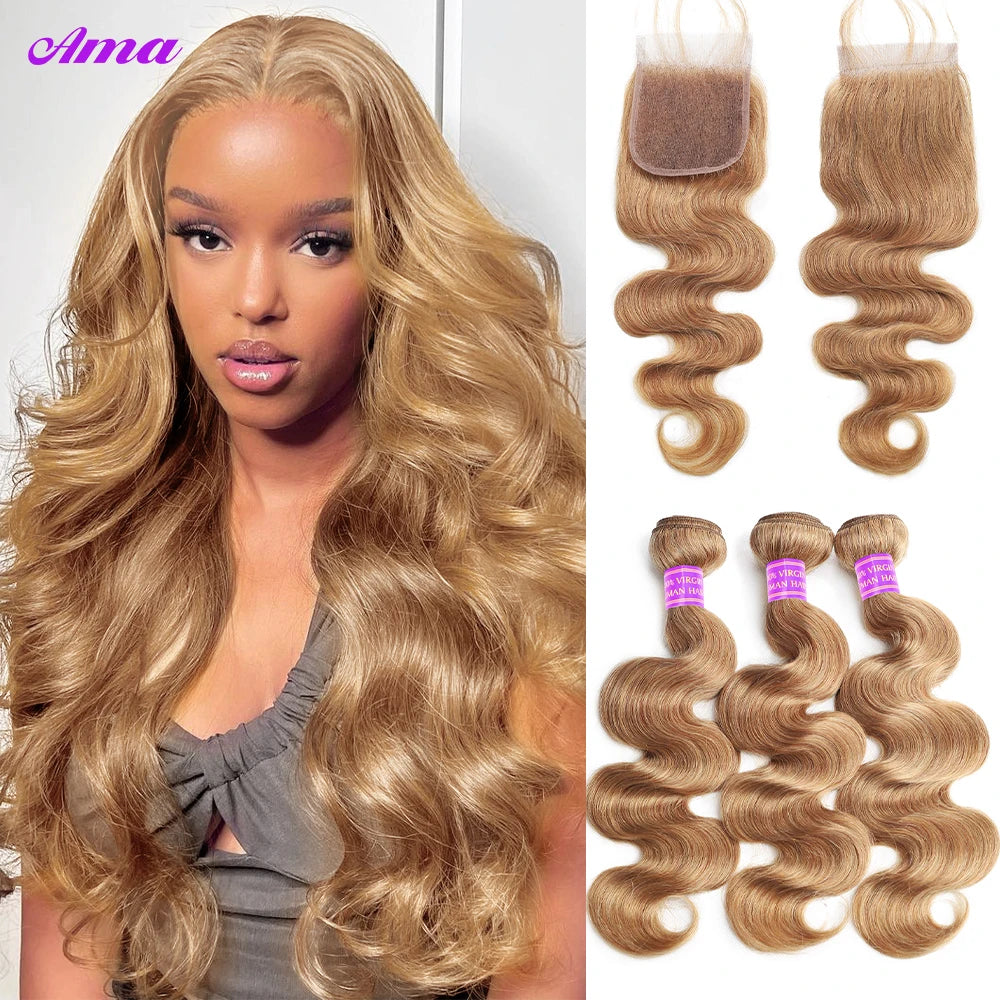 #27 Honey Blonde Bundles With Closure 5x5 4x4 Inch Body Wave Bundles With Closure 100% Human Hair Bundles with Closure Free Part