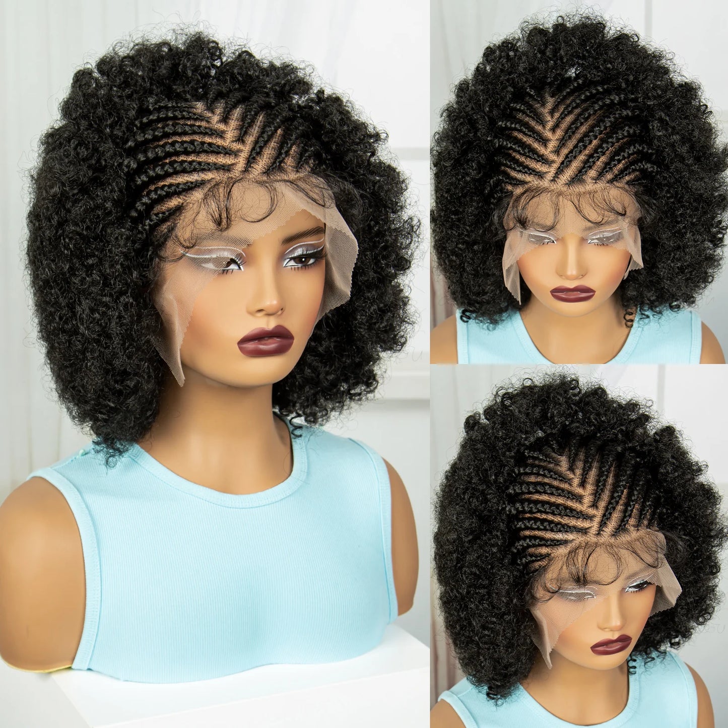 Cornrow Braided Wigs Synthetic Afro Kinky Curly Braided Lace Wig Transparent Full Lace Braids Wig With Baby Hair for Black Women