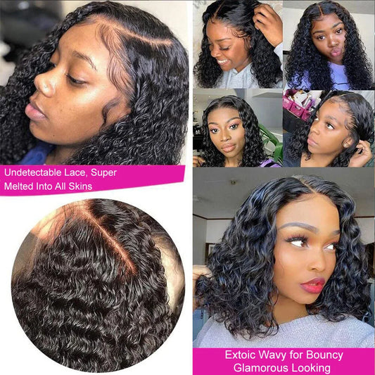 Brazilian Deep Water Wave Curly Short Bob 13x4 Lace Frontal Human Hair 200% HD Transparent Lace Front 4x4 Closure Wig For Women