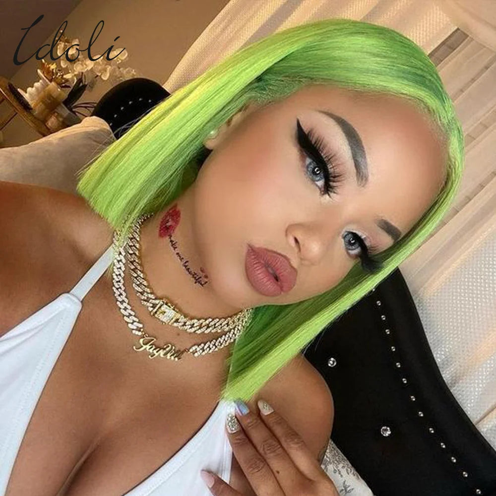 Neon Green Lace Front Wig Human Hair 13x4 Wear And Go Glueless Wigs for Green Color Girls  Neon Green Lace Front BOB Wig Hair