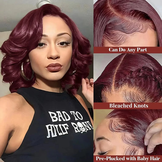 99J Burgundy Bob Wig Human Hair 5×6 Frontal Lace Wig Human Hair Glueless Loose Body Wave  Wigs for Black Women 180% Density