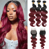 Body Wave 99J Burgundy Human Hair Bundles with Closure 4x4 Transparent Lace Front Closure Brazilian Red Wine Hair Extenstions