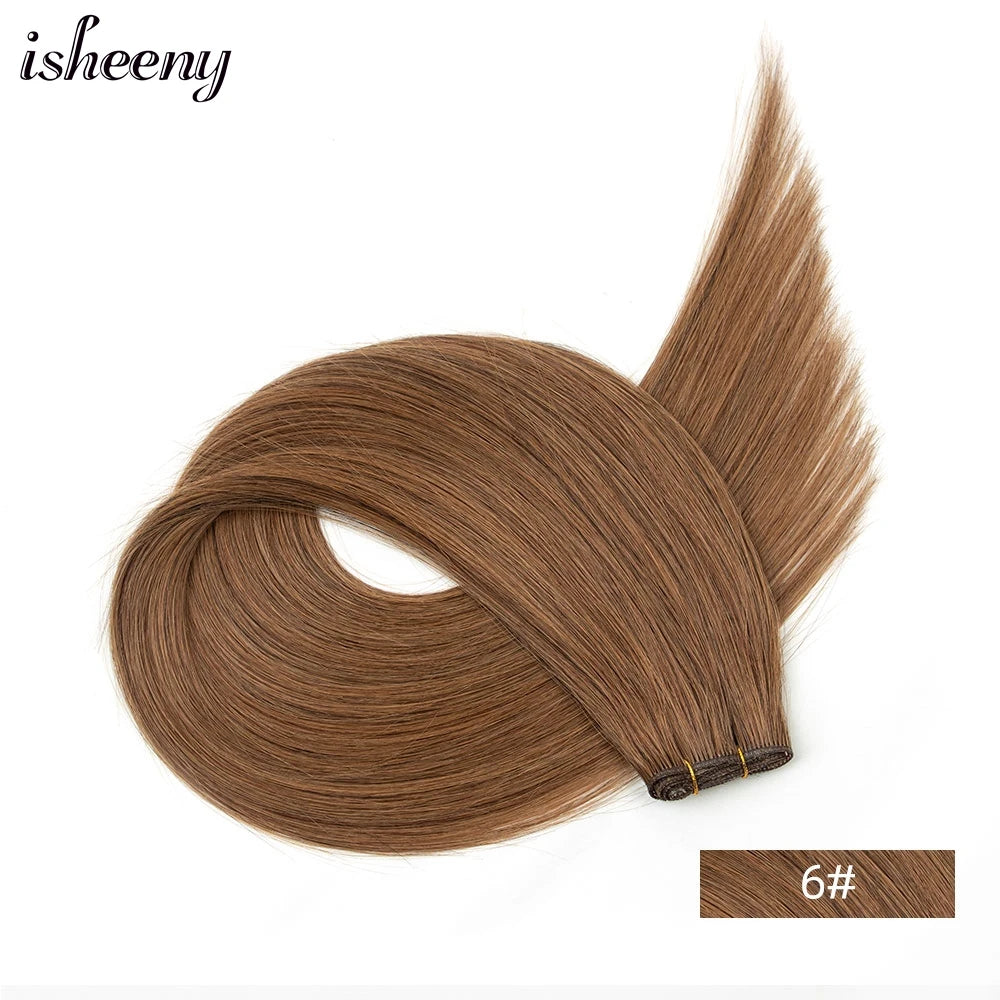 Isheeny Genius Weft Human Hair Extensions 12-20 inches Flexible Hair Weaves Natural Straight Brazilian Hair Bundles 35-50g