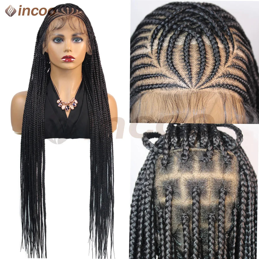 36Inch Handmade Synthetic Cornrow Braided Wigs Full Lace Fulani Braids Wig Goddess Knotless Box Braided Lace Wig For Black Women