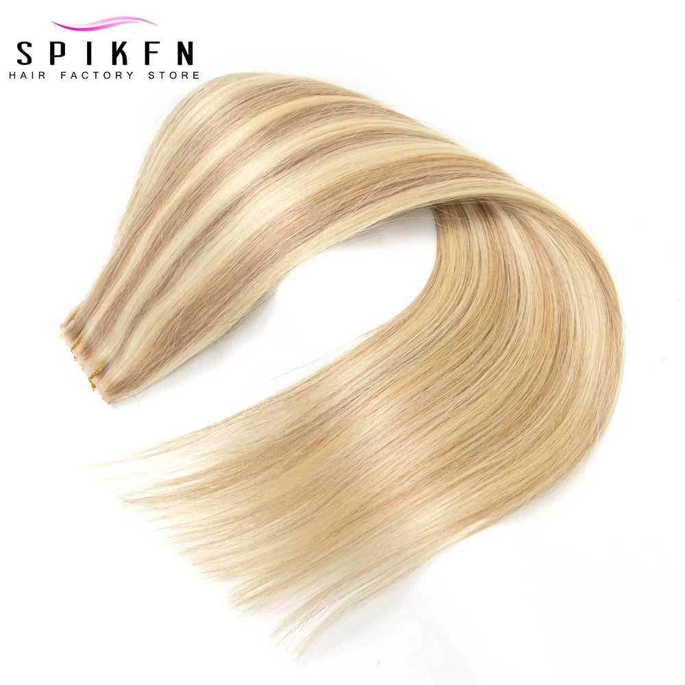 SPIKFN Double Inject PU Hole Weft Human Hair 16" 20" 24" Invisible Micro Loop XO Weft Hair Bundles Straight Weft Hair