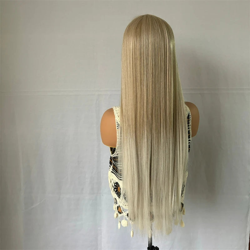 Synthetic Preplucked Ombre Ash Blonde Soft Straight HD Lace Front Wig For Women Hair Heat Resistant Fiber Cosplay Daily