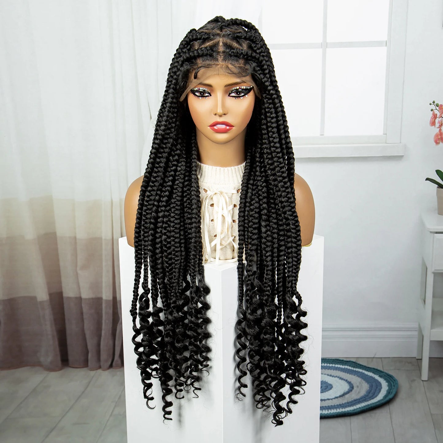 Synthetic Full Lace Braided Wigs Lace Front Knotless Box Braided Wigs with Wave Ends for Black Women Crochet Braided Lace Wigs