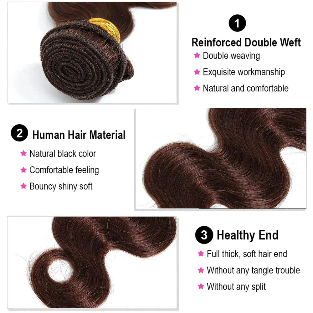 #4 Dark Brown Body Wave Bundles 1/3PCS 100% Human Hair Bundles 18-30 Inches Remy Hair Extensions For Women Brazilian Double Draw