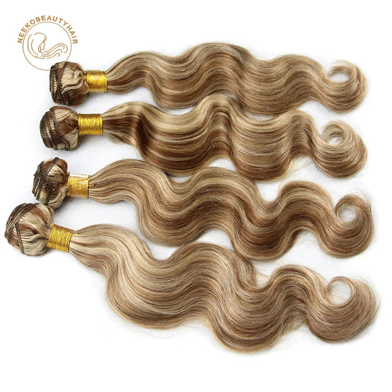 Highlight Blonde Human Hair Bundle with Closure Piano Color P4/613 3 Bundles with Frontal Body Wave Hair