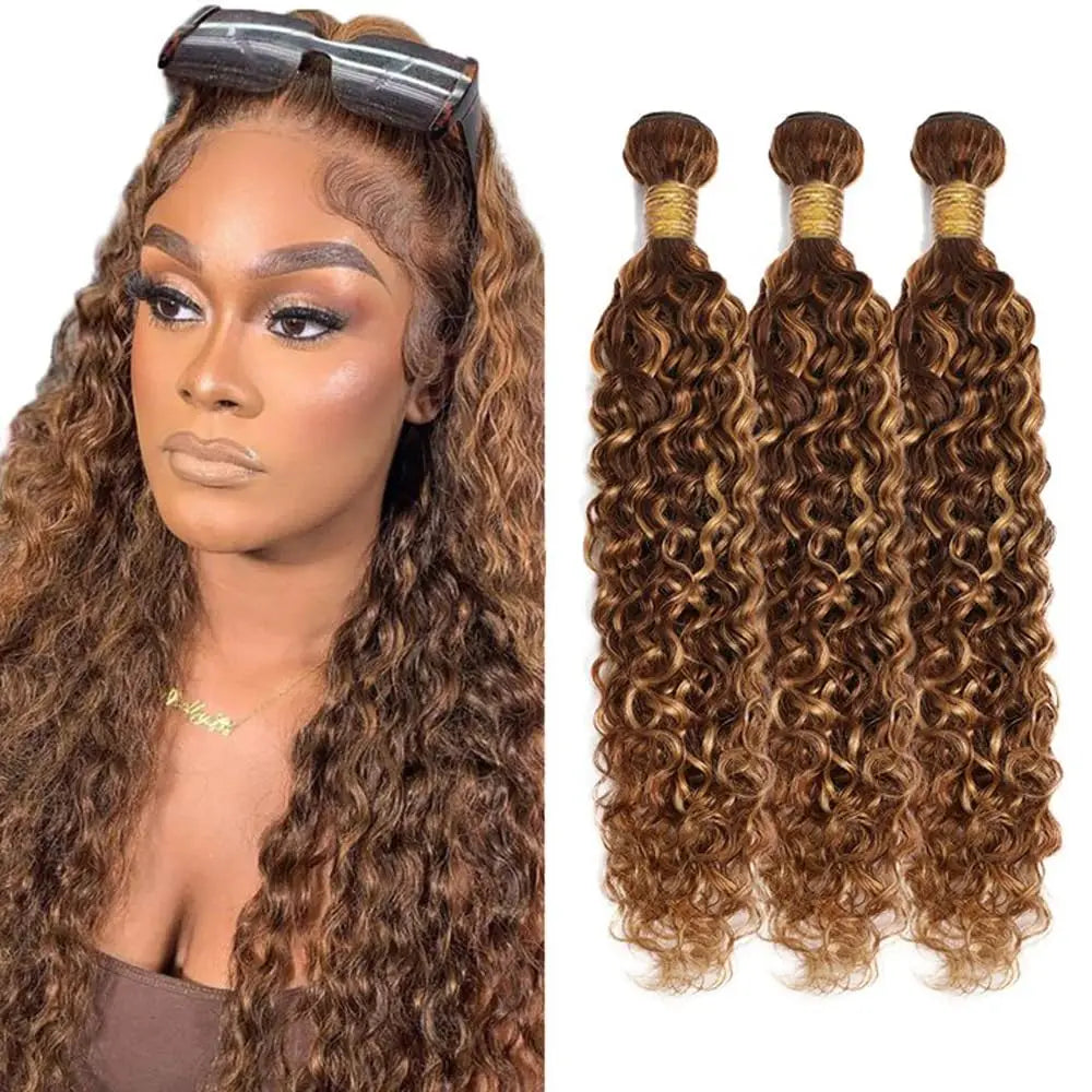 P4/27 Brown Blonde Braiding Hair Bundles Highlight Water Wave Human Hair Bundles  Colored Curly Human Hair Weaving Bundles