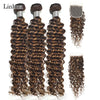 Linhua P4/27 Highlight Deep Wave Bundles With Closure Ombre Honey Blonde 3 / 4 Human Hair Bundles With Transparent Closure