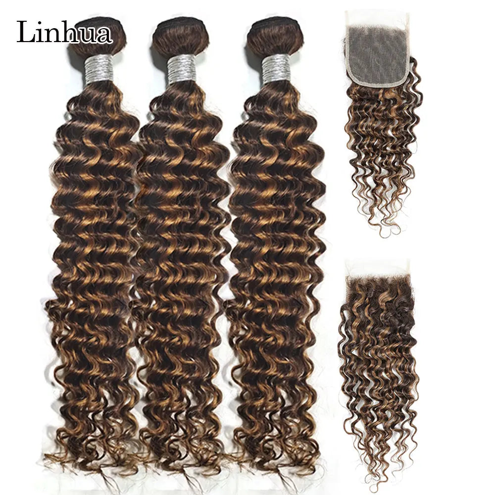 Linhua P4/27 Highlight Deep Wave Bundles With Closure Ombre Honey Blonde 3 / 4 Human Hair Bundles With Transparent Closure