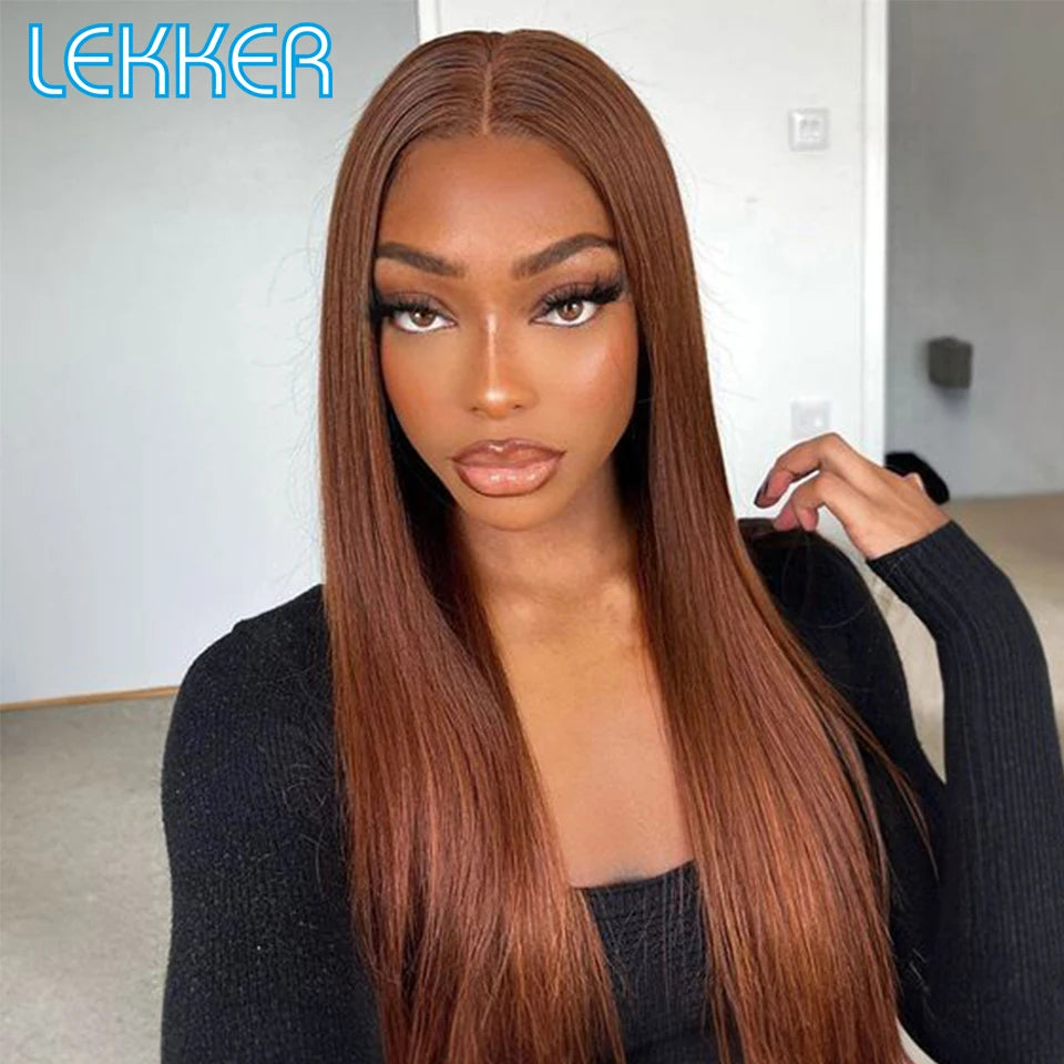 Lekker Chocolate Brown Bone Straight Lace Frontal Human Hair Wigs For Women Brazilian Remy Hair Pre Plucked Baby Hair 30" Wigs