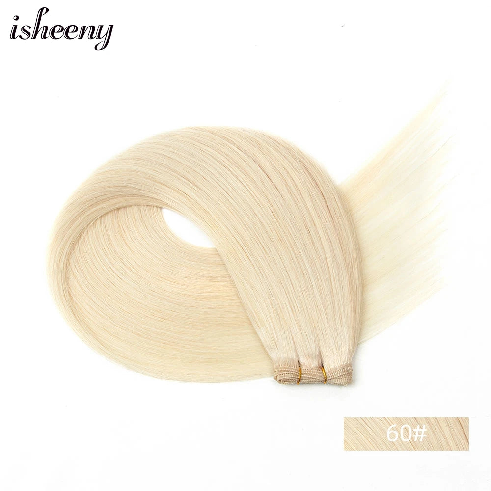 Isheeny Genius Weft Human Hair Extensions 12-20 inches Flexible Hair Weaves Natural Straight Brazilian Hair Bundles 35-50g