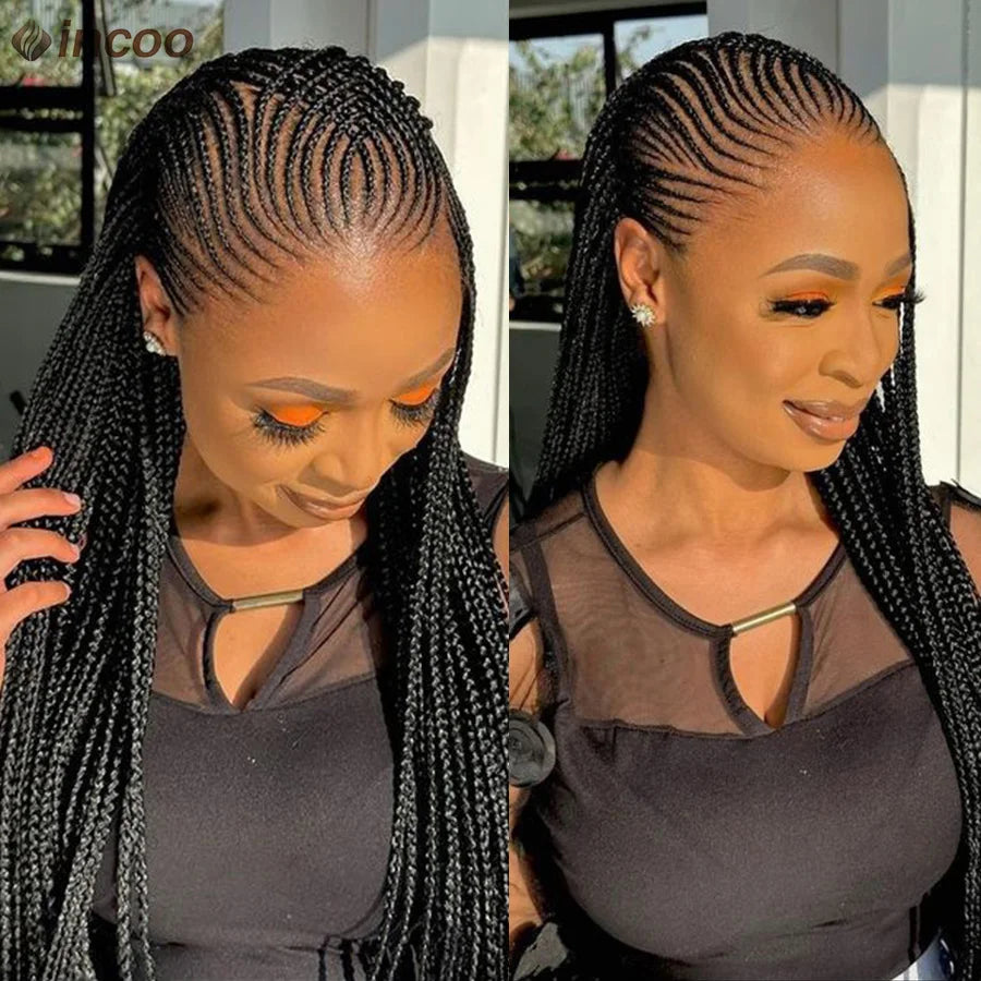 36Inch Handmade Synthetic Cornrow Braided Wigs Full Lace Fulani Braids Wig Goddess Knotless Box Braided Lace Wig For Black Women