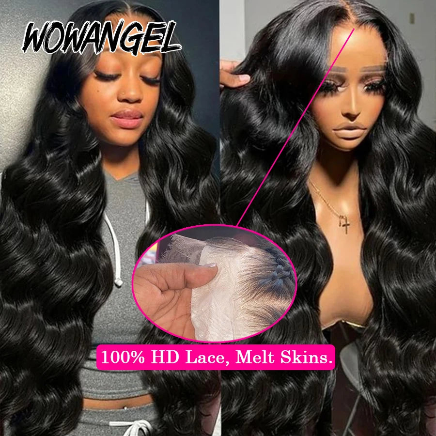 34in Jet Black 13x6 HD Lace Full Frontal Wigs 250% Body Wave Human Hair Wig Melt Skins Pre Plucked Remy Wavy Hair For Women