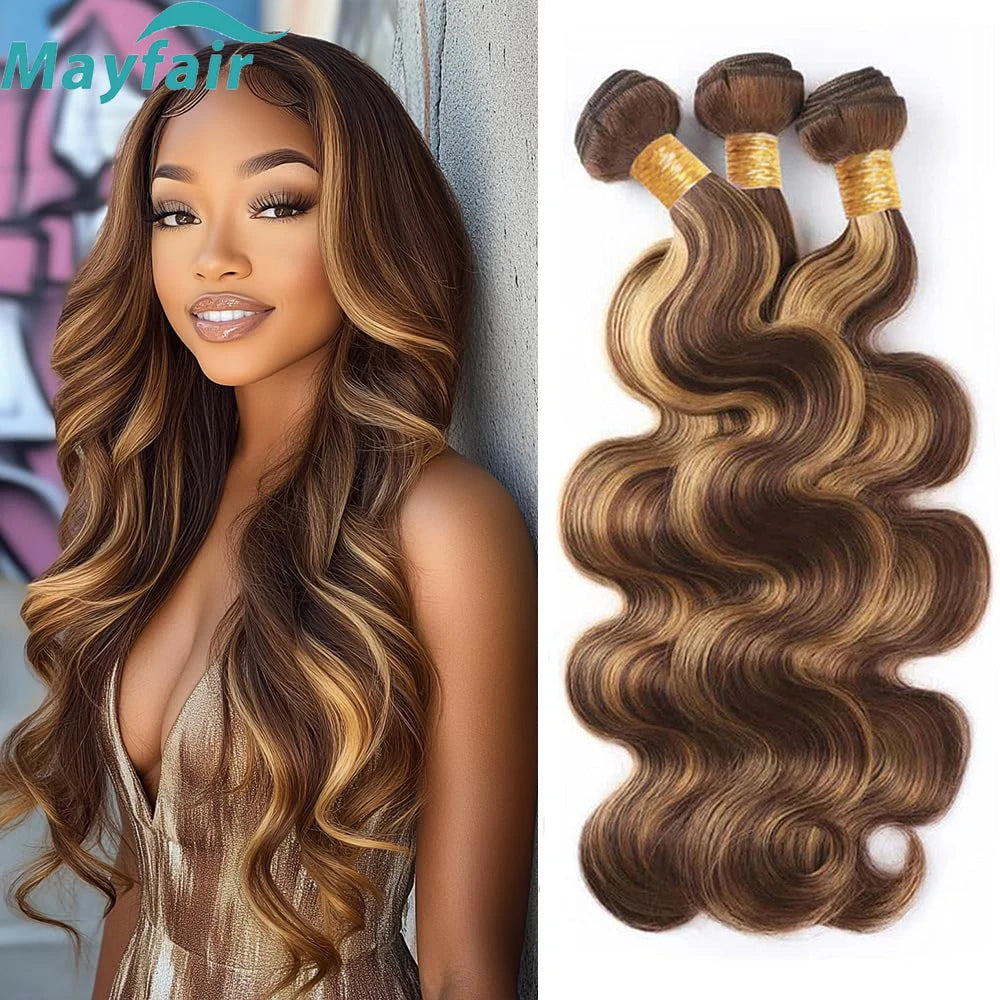 Honey Blonde Body Wave Bundles Human Hair P4/27 Human Hair Bundles Double Weft Wet and Wavy Bundles Silky Soft for Black Women