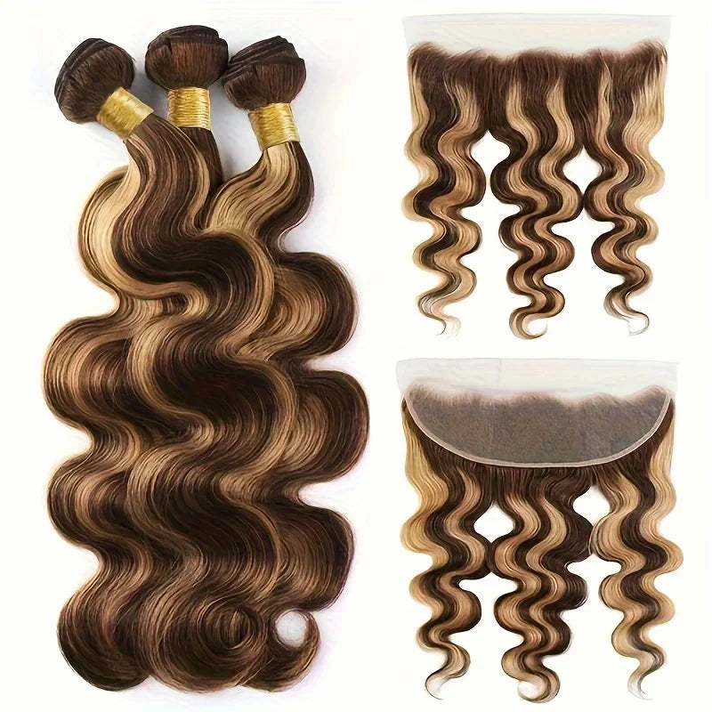 P4/27 Honey Gold Hair Bundles Brazilian Remi Brightening Point Hair Bundles Body Wave Hair Bundles 13X4 Suitable For Women