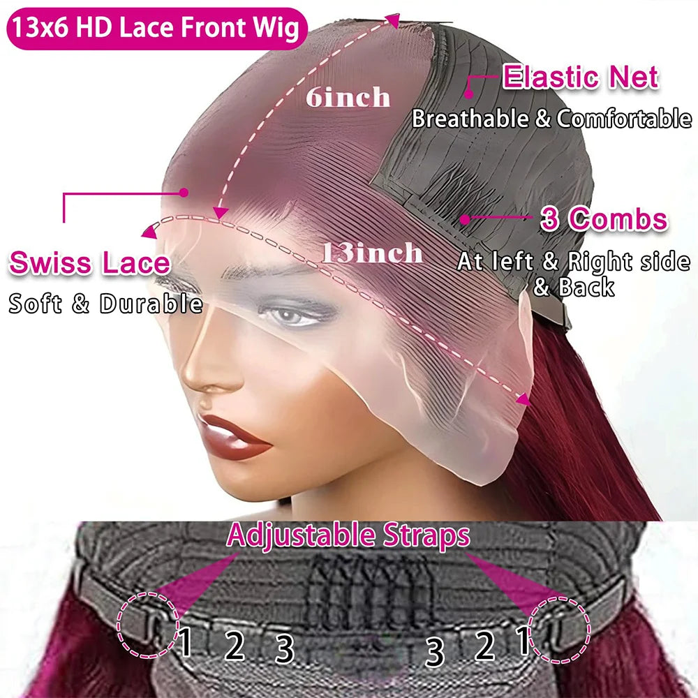 200 Density 99J Burgundy Body Wave Lace Frontal Wig Human Hair 36 Inch 13x6 Transparent Lace Frontal Human Hair Wigs for Women