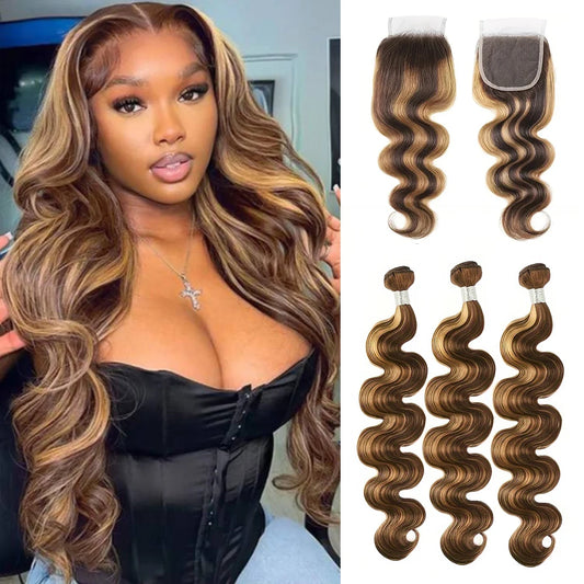 Linhua P4/27 Highlight Body Wave Bundles With Closure Ombre Honey Blonde 3 / 4 Human Hair Bundles With Transparent Closure