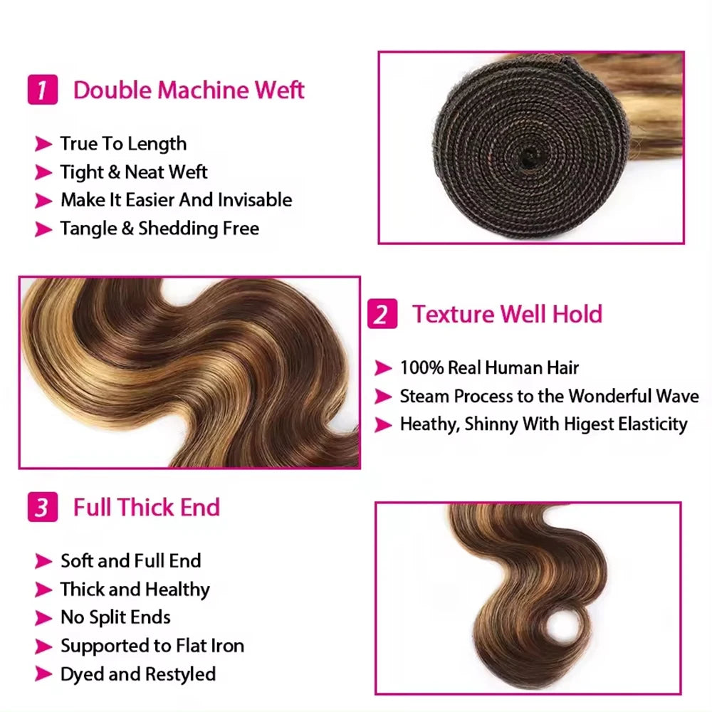 Linhua P4/27 Highlight Body Wave Bundles With Closure Ombre Honey Blonde 3 / 4 Human Hair Bundles With Transparent Closure