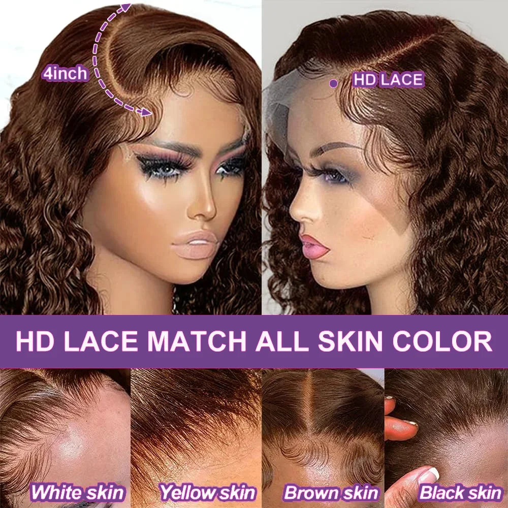 13x4 Deep Curly Chocolate Brown Lace Front Human Hair Wigs Remy Transparent 13x4 Deep Wave Lace Frontal Wig For Black Women