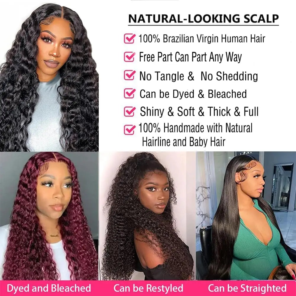 13x4 Lace Frontal Wigs Deep Wave Brazilia Human Hair Pre Plucked with Baby Hair Natural Black Color Transparent Lace Frontal Wig