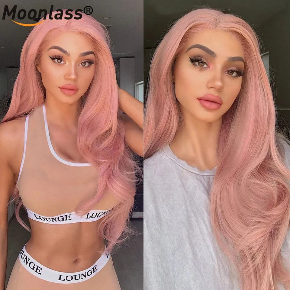 Pink Straight Human Hair Wig Body Wave 13x4 Transparent Lace Frontal Wigs 180% Density Colored Pre Plucked Brazilian Remy Wigs