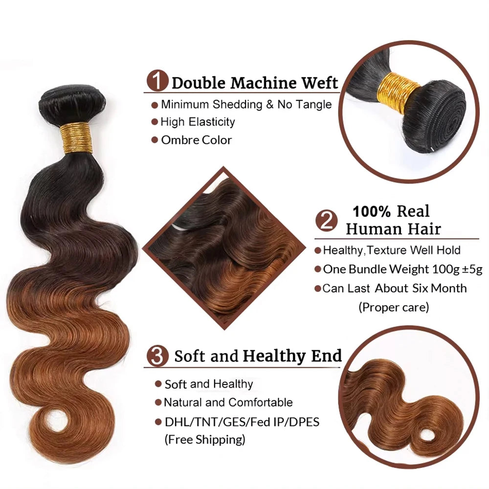 10A Brazilian Body Wave Human Hair Bundles T1B/4/30 Ombre Brown Colored Human Hair Weave Bundles Remy Hair Extension 3 PCS