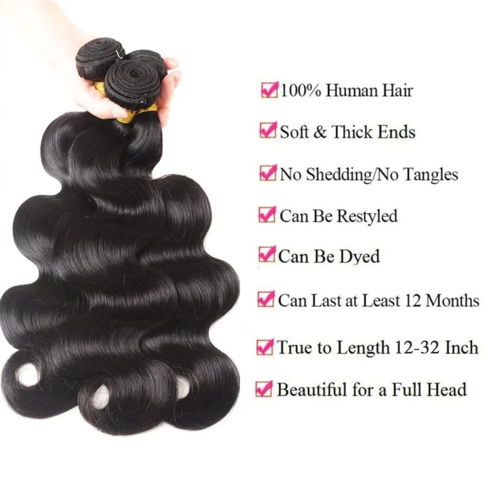 Human Hair Bundles Body Wave Brazilian Virgin 100% Unprocessed Human Hair Natural Black Color Weave Extensions 30 Inch 3 Bundles