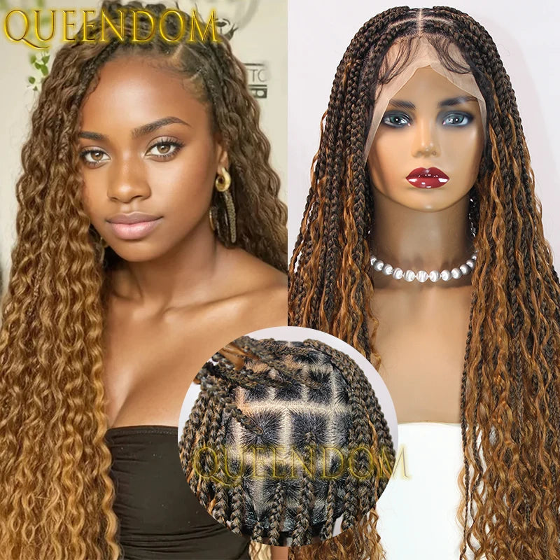 36 Inch Synthetic Bohemian Braided Wig Full Lace Box Braid Ombre Blonde Goddess Wig Knotless Cornrow Braids Wig with Curly Ends