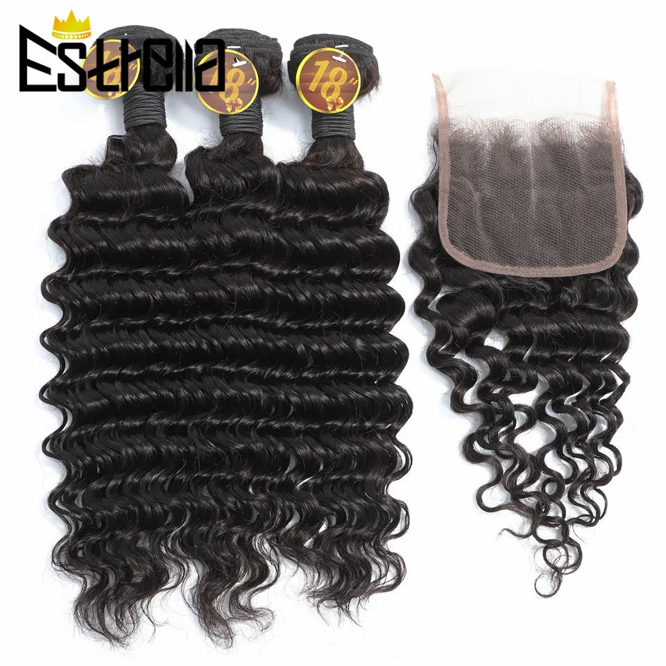 Deep Wave 3 Bundles With Closure Peruvian Human Hair Bundles With 4×4 Lace Closure 100% Human Hair Bundles With Closure 220g/lot