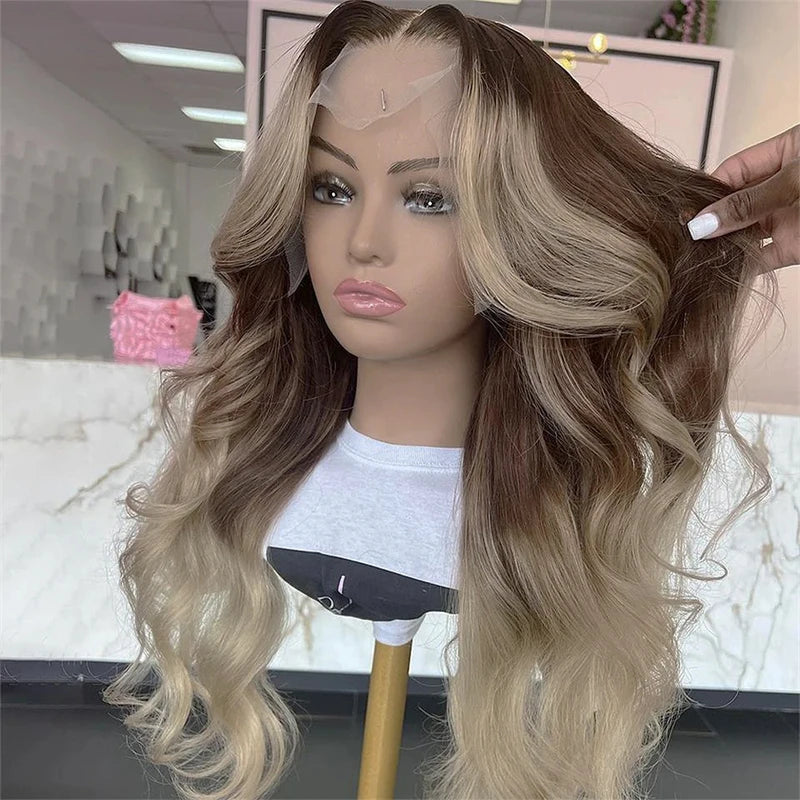 180 Density13x4 Ombre Ash Blonde Body Wave HD Transparent Lace Front Wig Ready To Wear And Go Cosplay Small Meddile Large Size