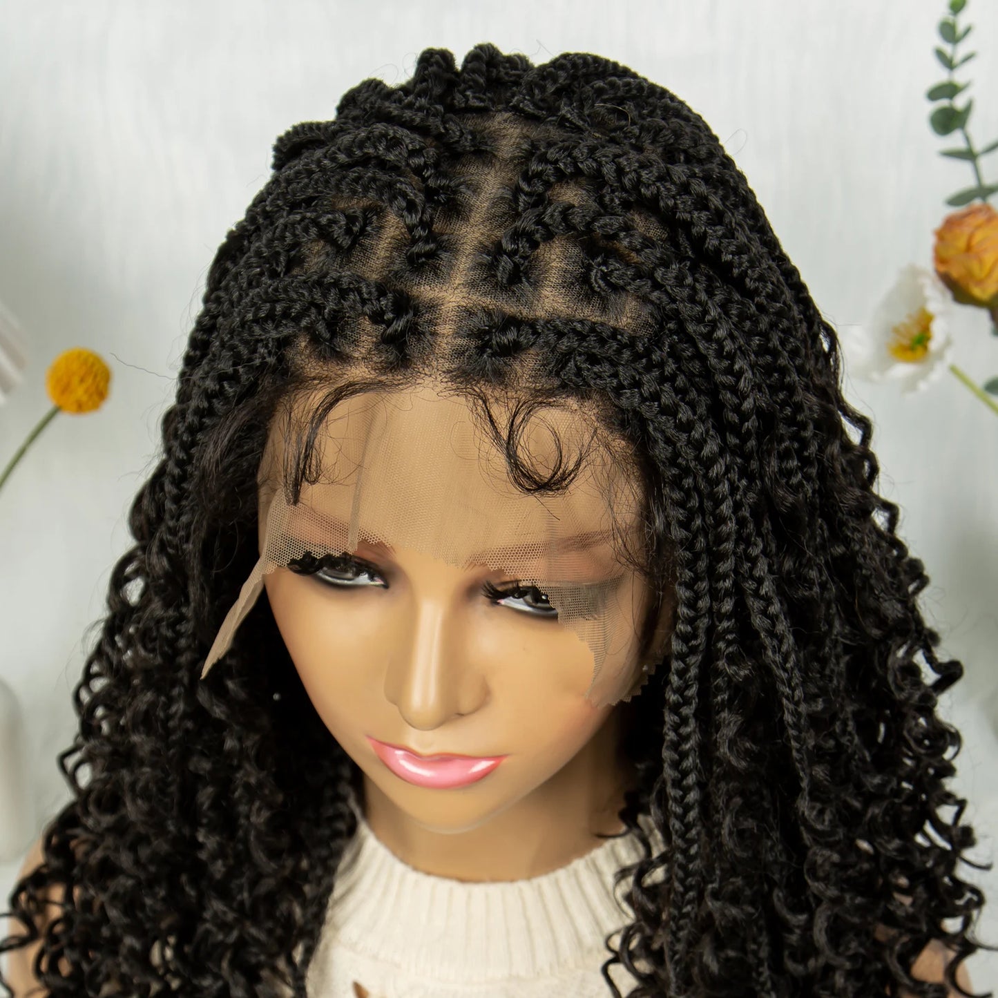 Bohemian Braided Wigs Boho Box Braid Wigs Knotless Goddess Locs Wigs Synthetic with Curly Ends Synthetic Full Lace Braided Wig