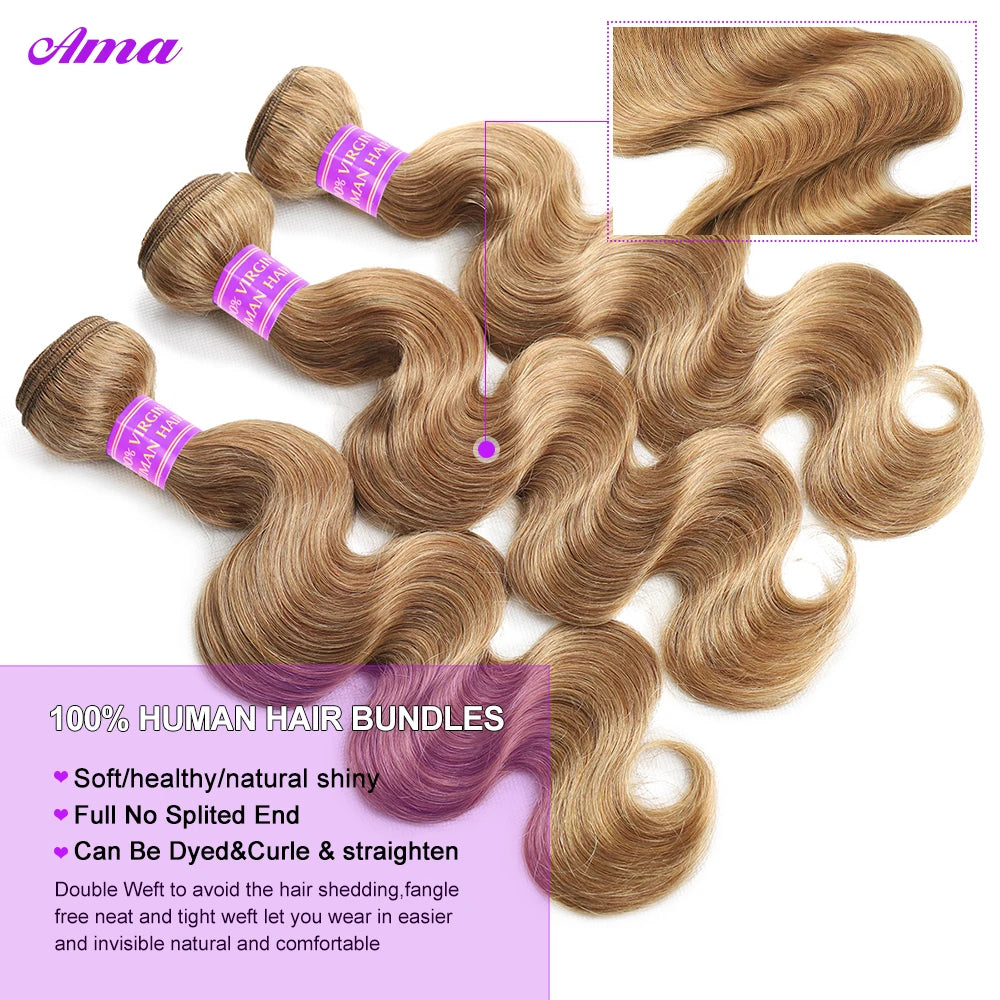 #27 Honey Blonde Bundles With Closure 5x5 4x4 Inch Body Wave Bundles With Closure 100% Human Hair Bundles with Closure Free Part