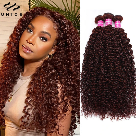 UNICE Hair Reddish Brown Curly Human Hair Bundles 3PCS 100% Human Hair Colored Hair Bundles Sew In Quick Weaves Extensions