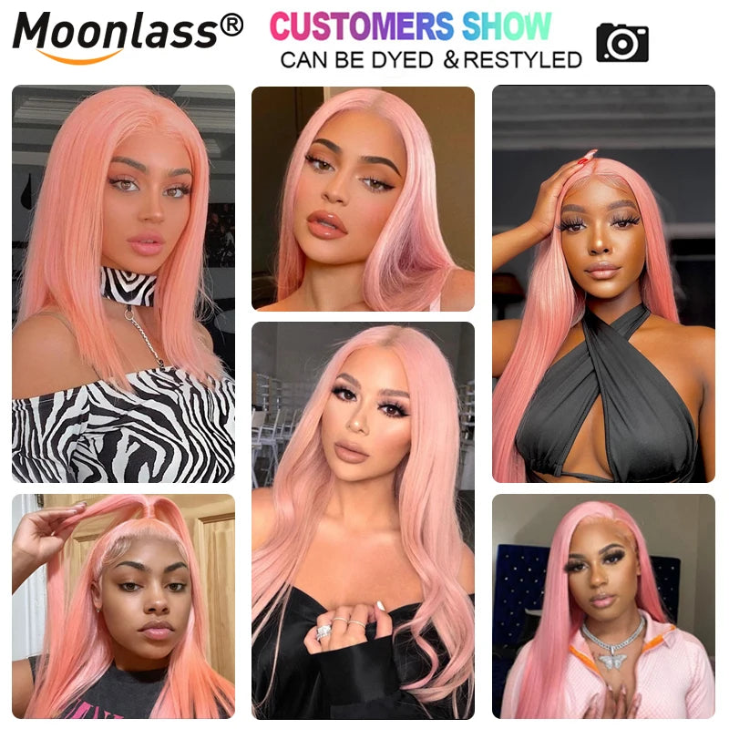 Pink Straight Human Hair Wig Body Wave 13x4 Transparent Lace Frontal Wigs 180% Density Colored Pre Plucked Brazilian Remy Wigs