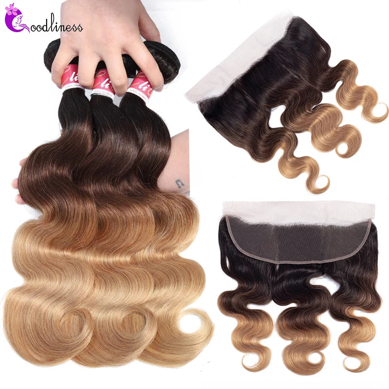 Ombre Body Wave Bundles With Frontal Honey Blonde Human Hair Bundles With Frontal Remy Black Brazilian Hair Bundles With Frontal