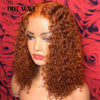 Orange Brown 13X4 Deep Wave Lace Frontal Wig 12Inch Short Bob Curly Human Hair Wigs PrePlucked Ginger Orange Wig 180%