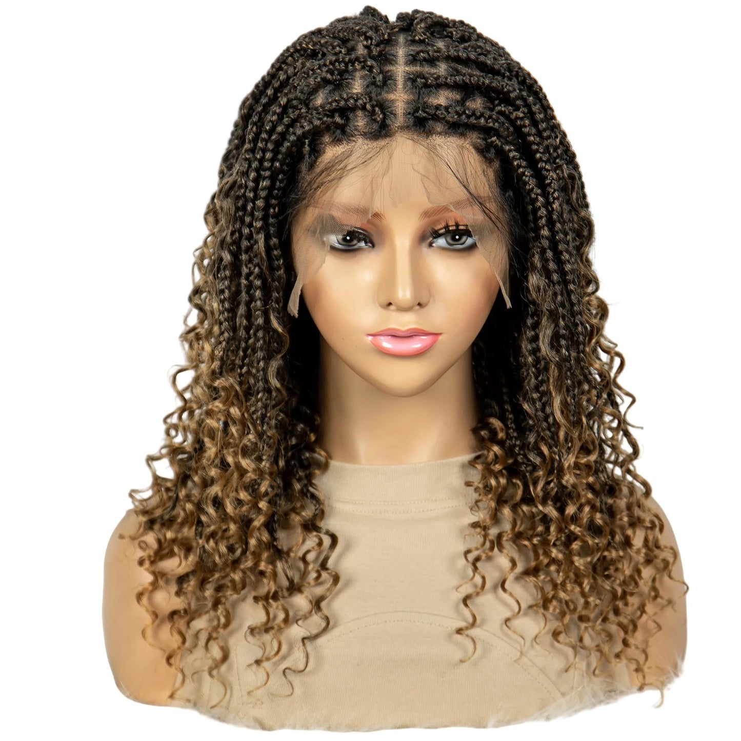 Bohemian Braided Wigs Boho Box Braid Wigs Knotless Goddess Locs Wigs Synthetic with Curly Ends Synthetic Full Lace Braided Wig