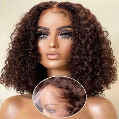 200% Density #4 Dark Brown Bob Wigs Water Wave 13x4 Lace Frontal Wigs Brazilian Human Hair Pre Plucked HD Transparent Lace Wig