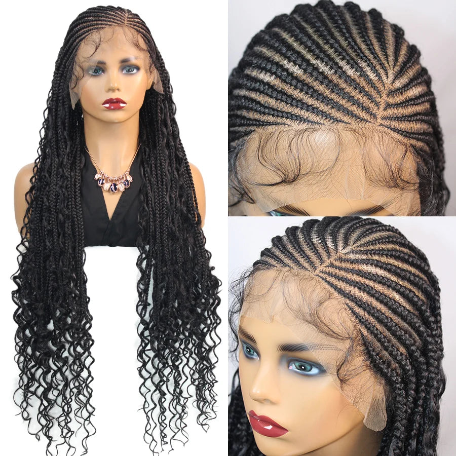 36Inch Handmade Synthetic Cornrow Braided Wigs Full Lace Fulani Braids Wig Goddess Knotless Box Braided Lace Wig For Black Women