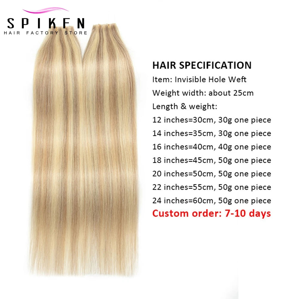 SPIKFN Double Inject PU Hole Weft Human Hair 16" 20" 24" Invisible Micro Loop XO Weft Hair Bundles Straight Weft Hair