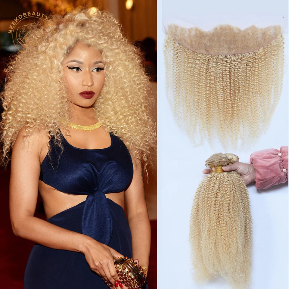 Blonde Human Hair Extension Bundles with Lace Frontal Brazilian Hair Weave with Frontal Kinky Curly Hair Color #613