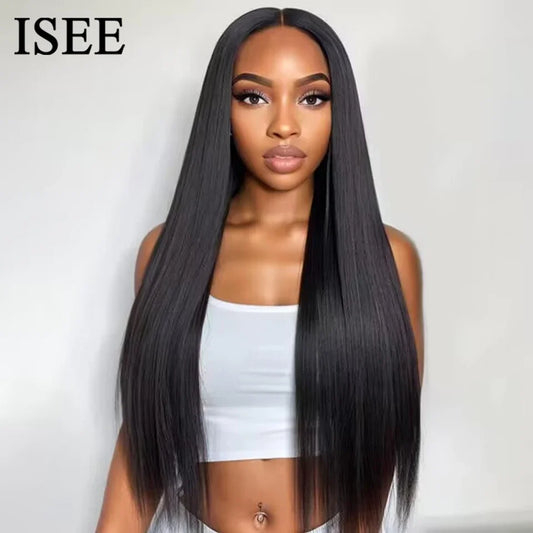 ISEE Hair Glueless Wig Wear And Go Pre Bleached Knots Bone Straight Human Hair Wigs PrePlucked HD Transparent Lace Closure Wig