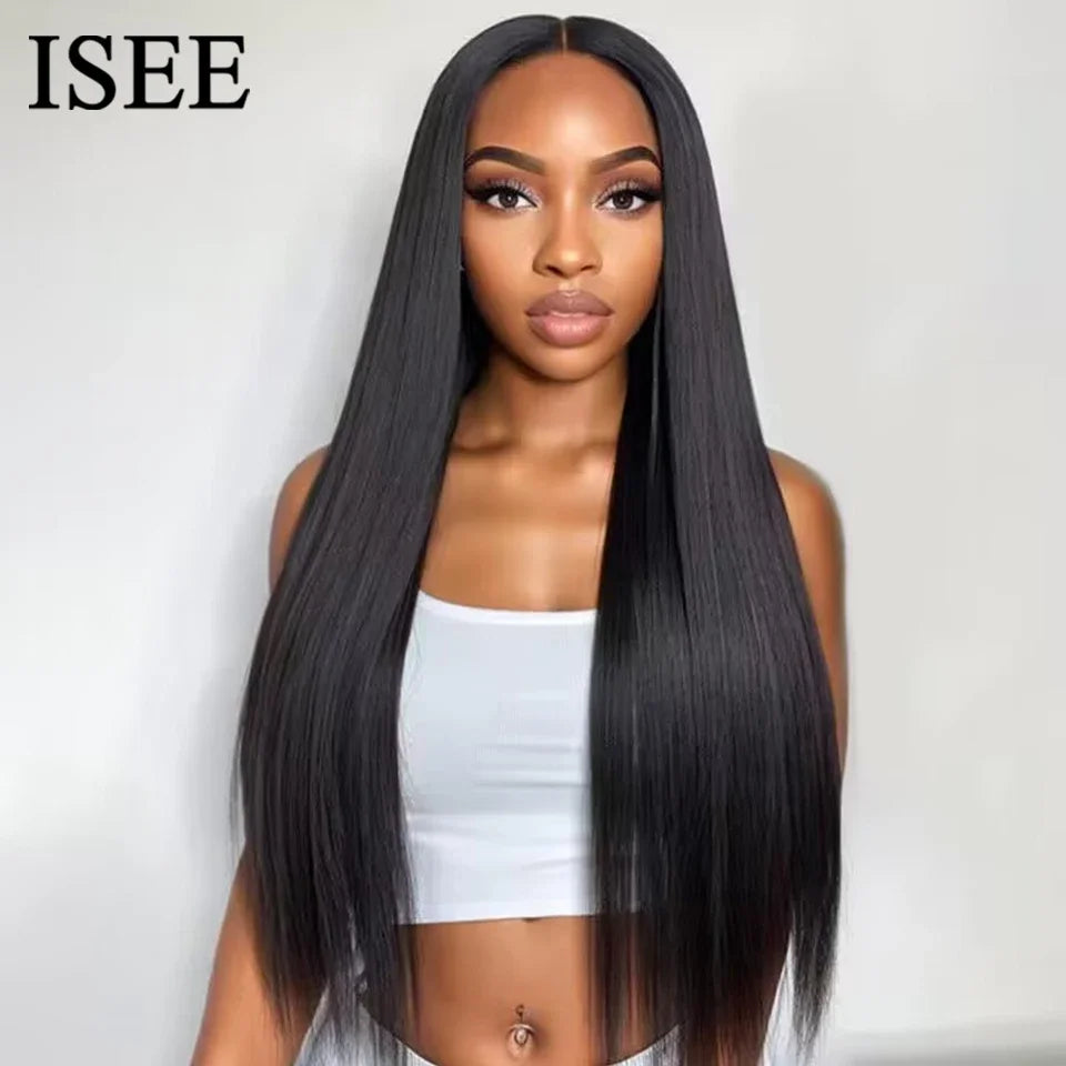 ISEE Hair Glueless Wig Wear And Go Pre Bleached Knots Bone Straight Human Hair Wigs PrePlucked HD Transparent Lace Closure Wig