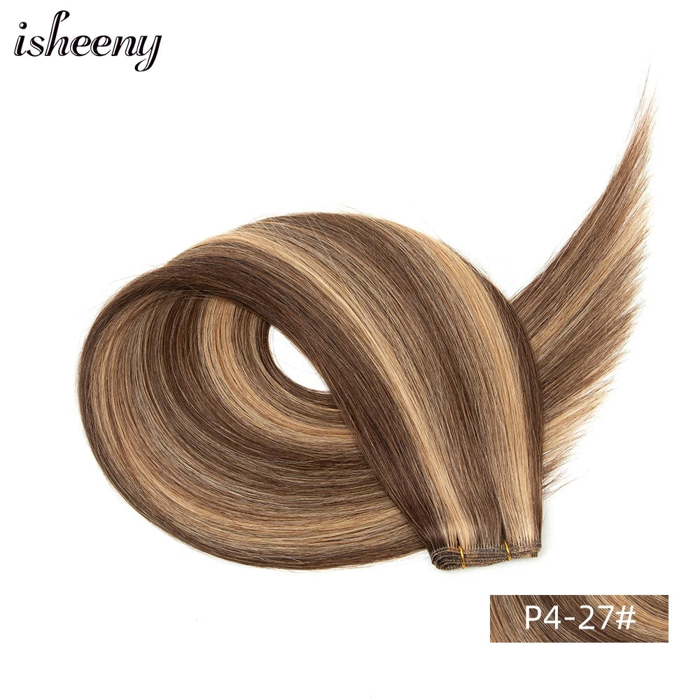 Isheeny Genius Weft Human Hair Extensions 12-20 inches Flexible Hair Weaves Natural Straight Brazilian Hair Bundles 35-50g